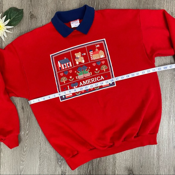 Vintage 90s Red Collared Patriotic Graphic USA Sweatshirt - Picture 11 of 12